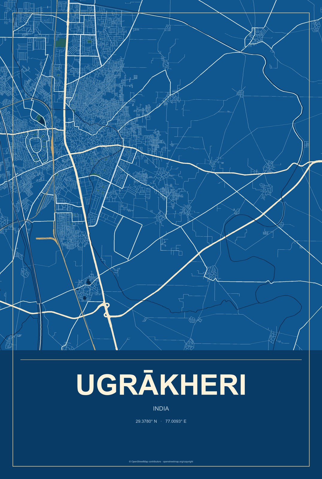 Ugrākheri, India City Map Aluminum Sign in Harbor Cobalt style
