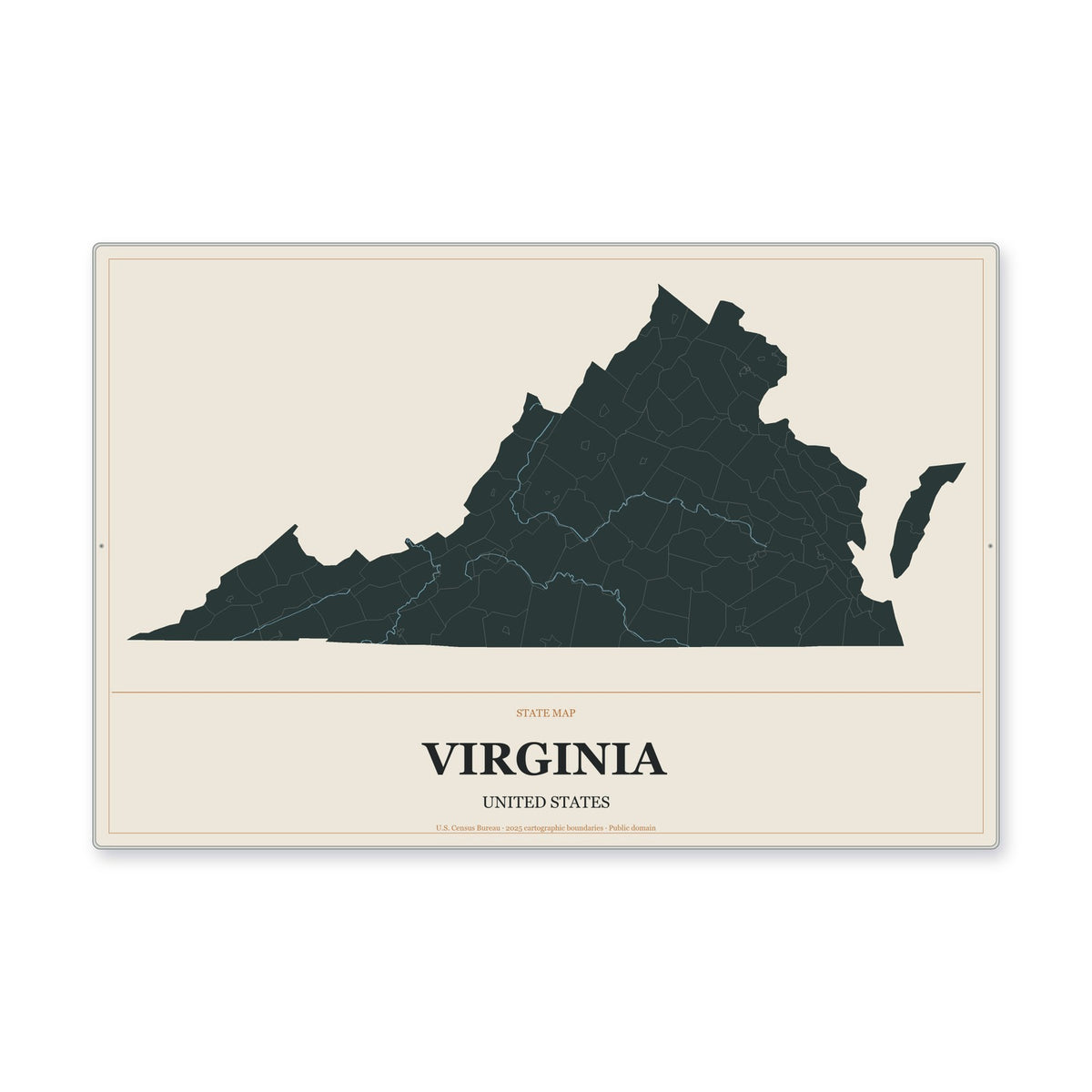 Virginia state map aluminum sign in Headline Atlas style