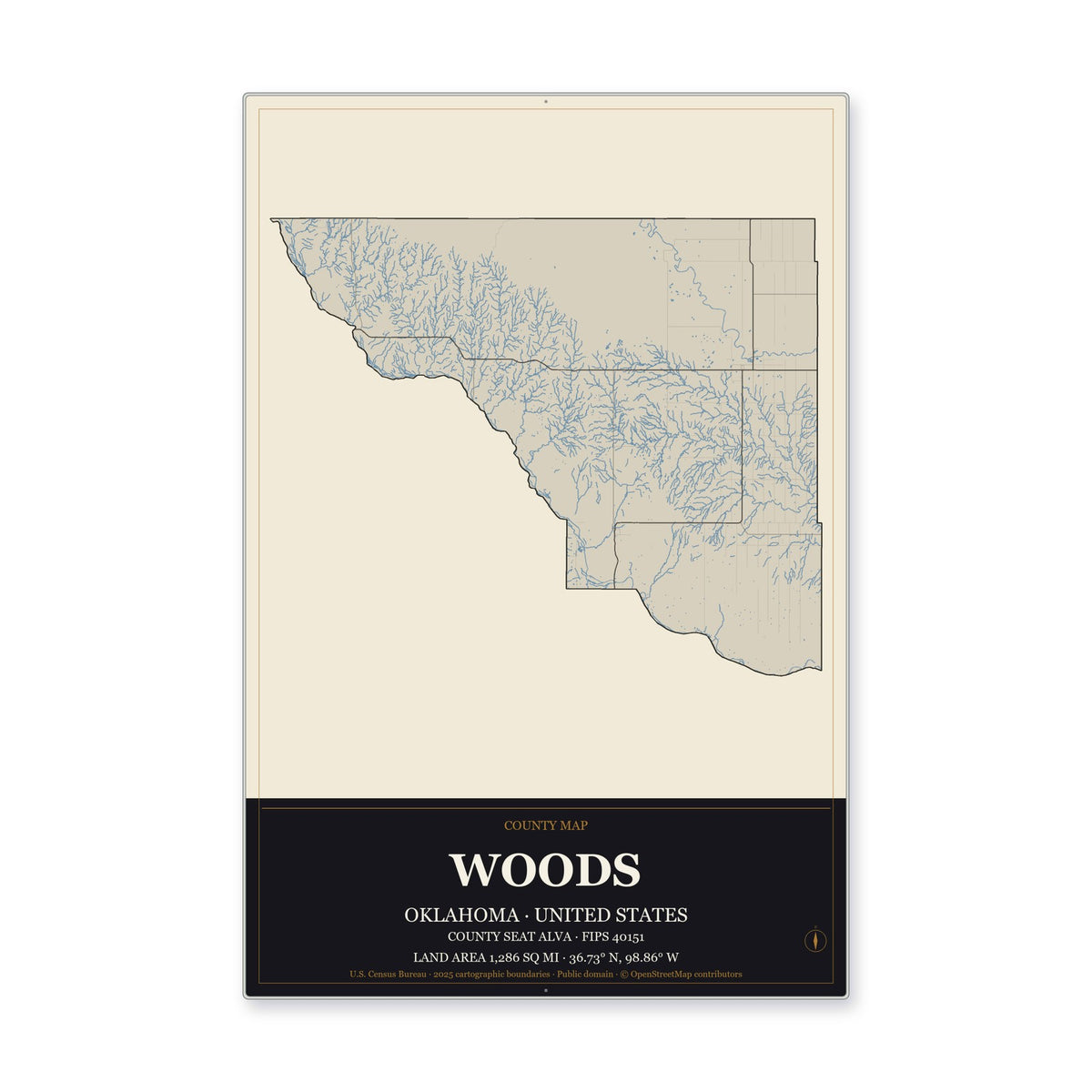 Woods County, Oklahoma Map Aluminum Sign in Museum Plaque style