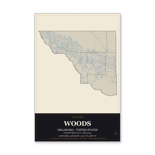 Woods County, Oklahoma Map Aluminum Sign in Museum Plaque style