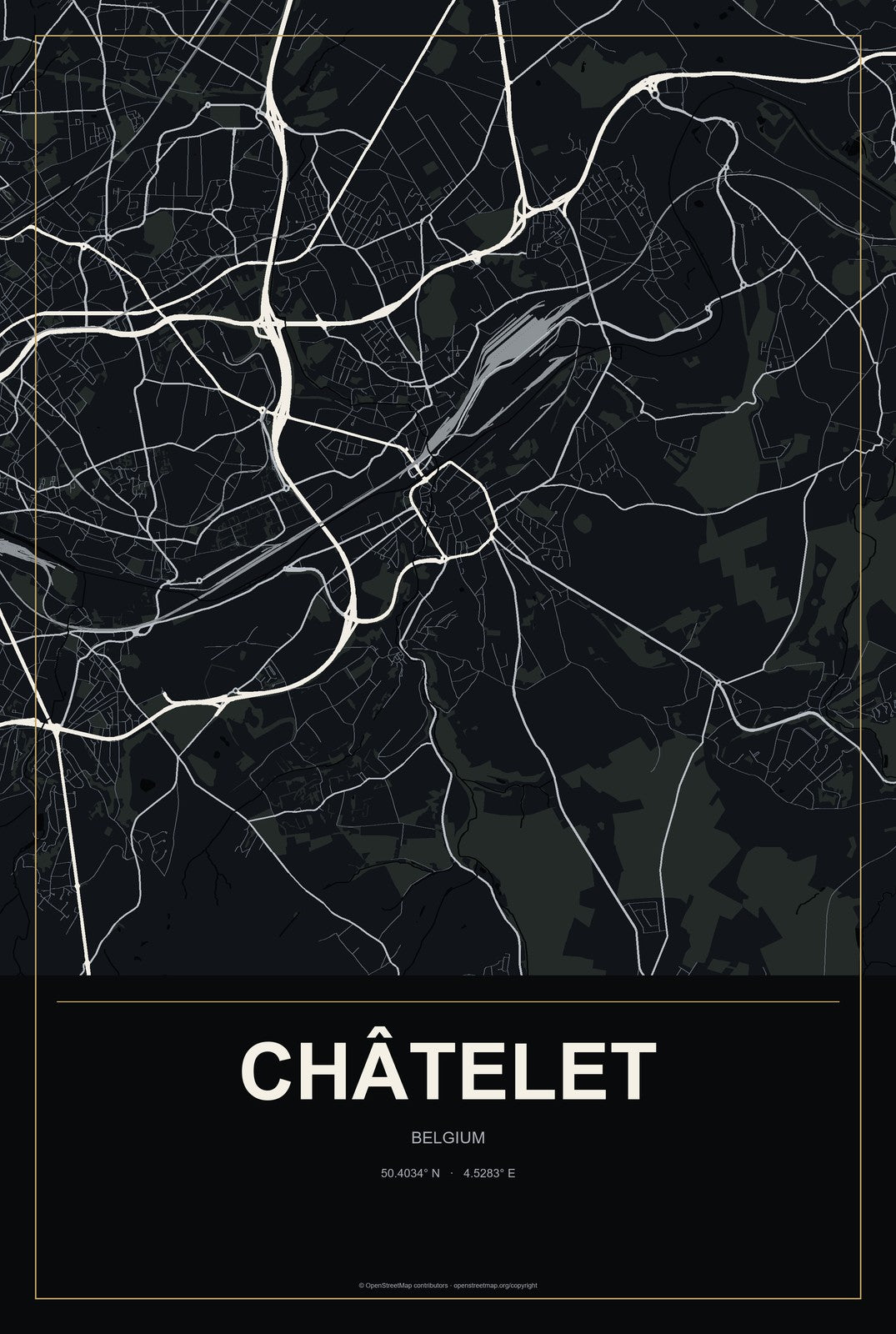 Châtelet, Belgium City Map Aluminum Sign in Metropolitan Noir style