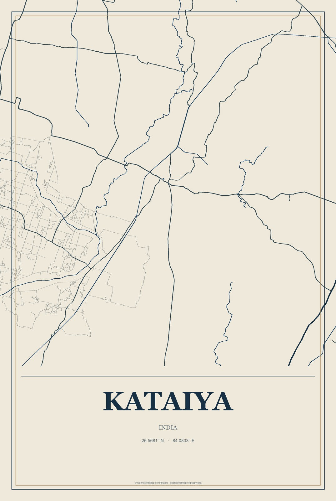 Kataiya, India City Map Aluminum Sign in Coastal Cutout style