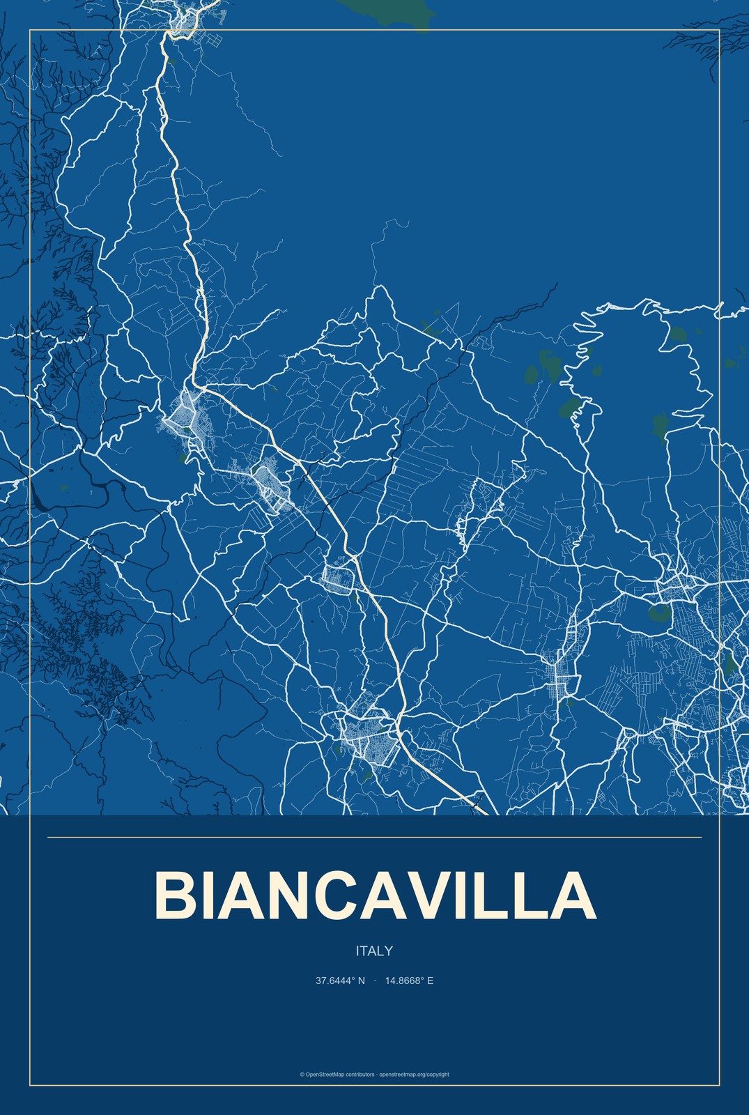 Biancavilla, Italy City Map Aluminum Sign in Harbor Cobalt style