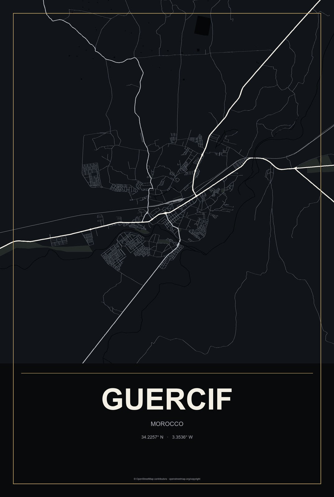 Guercif, Morocco City Map Aluminum Sign in Metropolitan Noir style