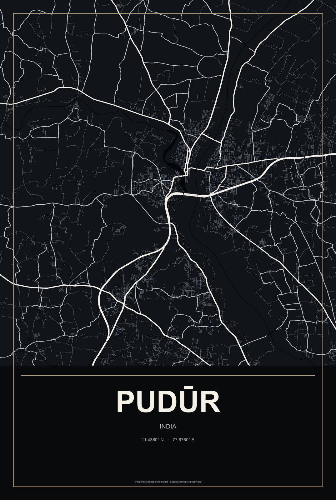 Pudūr, India City Map Aluminum Sign in Metropolitan Noir style
