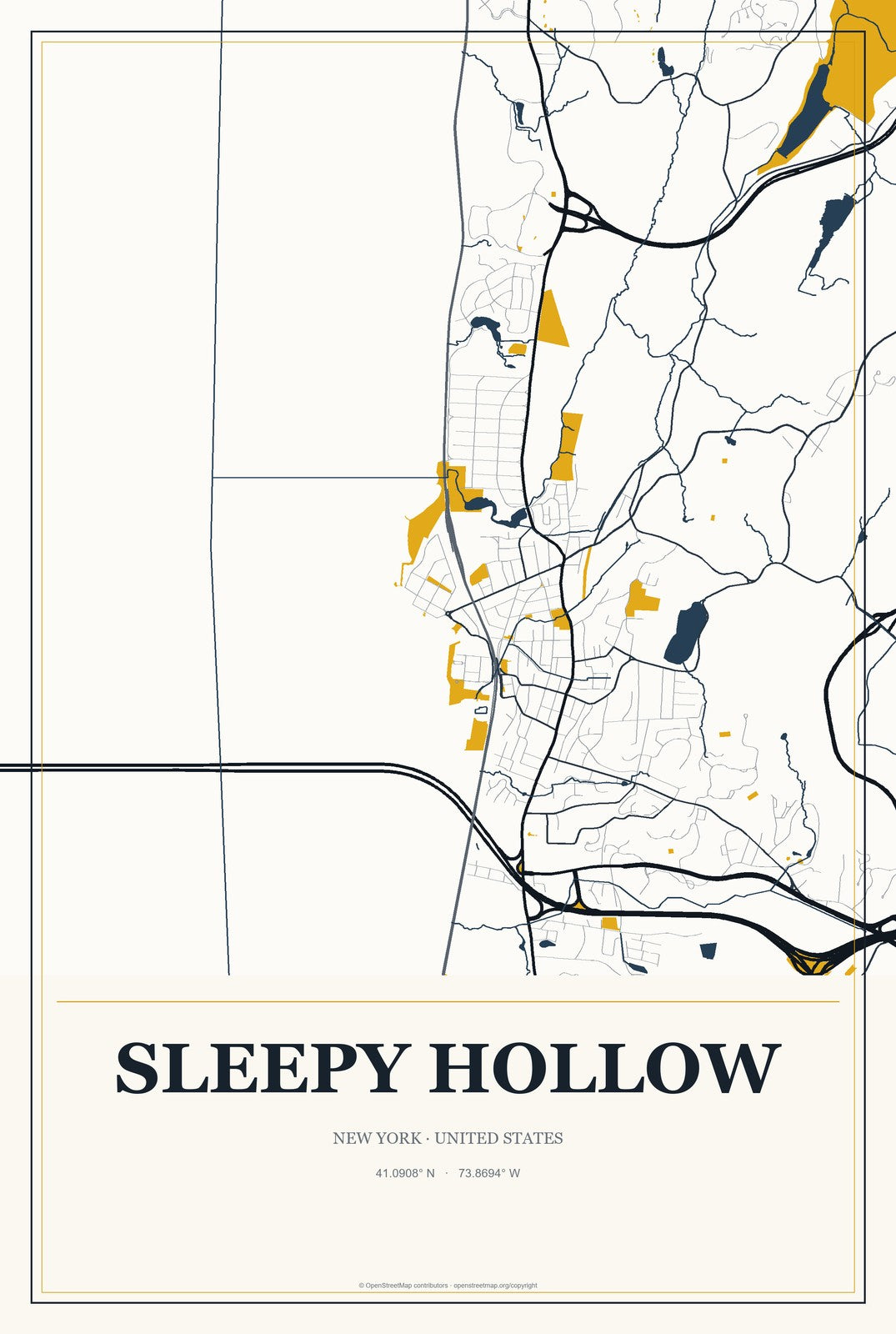 Sleepy Hollow, New York City Map Aluminum Sign in Citrine Modern style