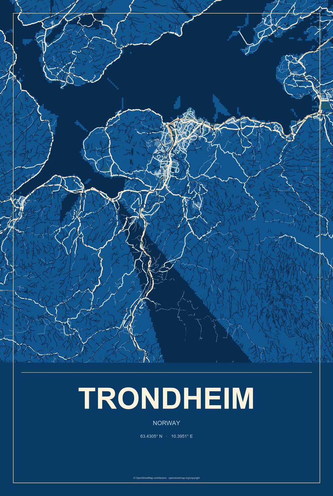 Trondheim, Norway City Map Aluminum Sign in Harbor Cobalt style