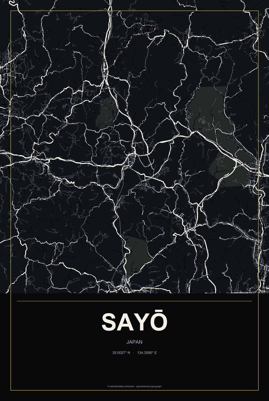 Sayō, Japan City Map Aluminum Sign in Metropolitan Noir style