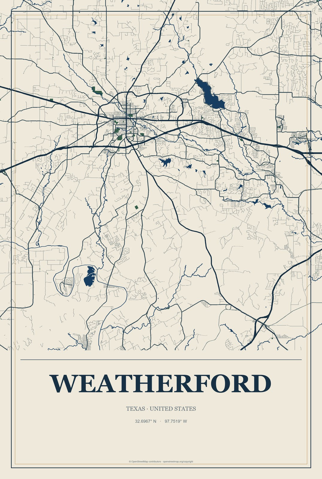 Weatherford, Texas City Map Aluminum Sign in Coastal Cutout style