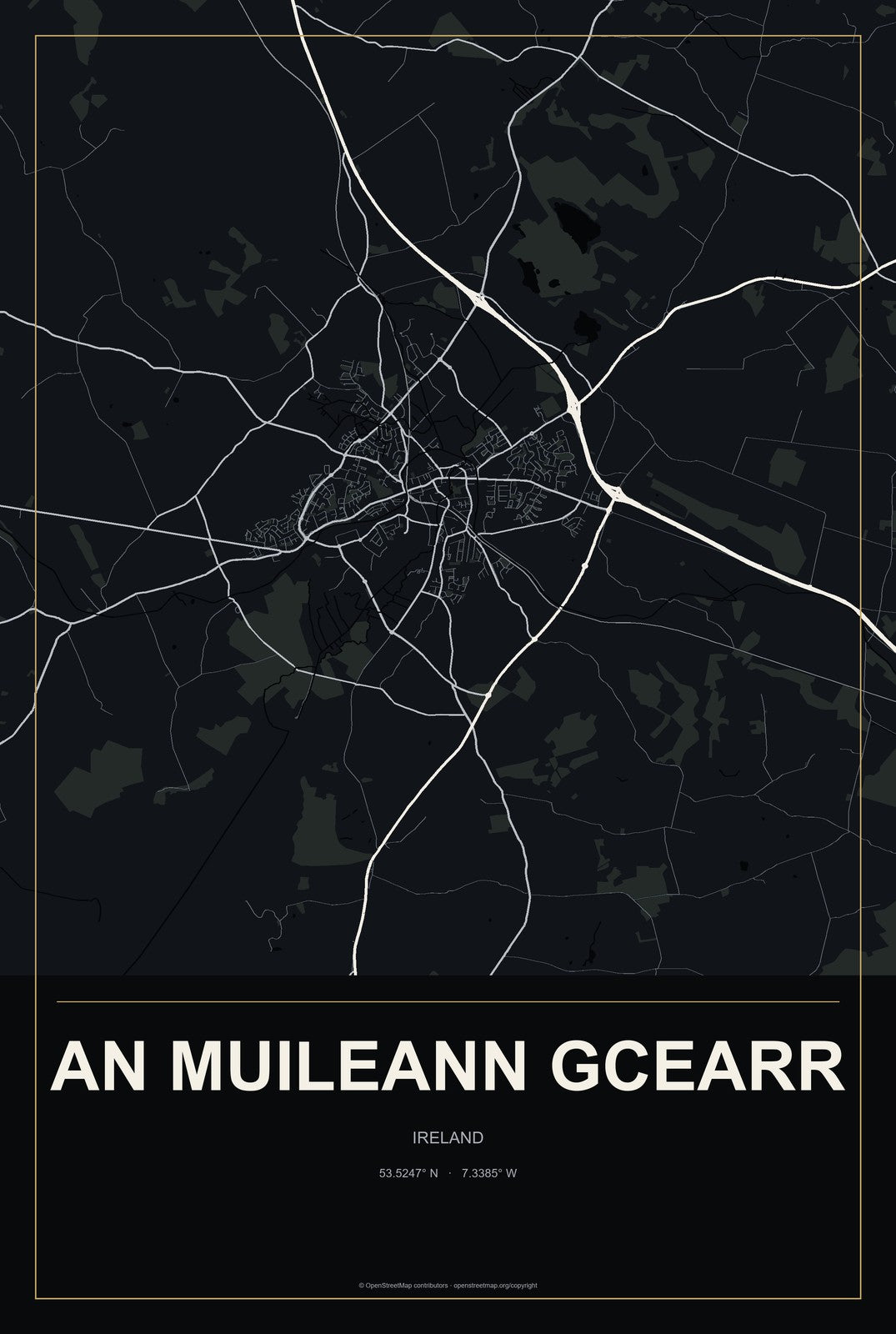 An Muileann gCearr, Ireland City Map Aluminum Sign in Metropolitan Noir style