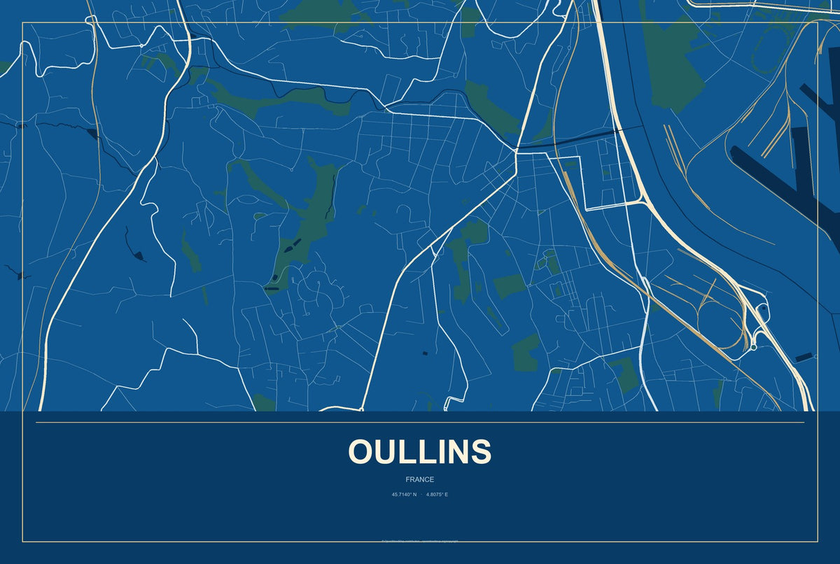 Oullins, France City Map Aluminum Sign in Harbor Cobalt style