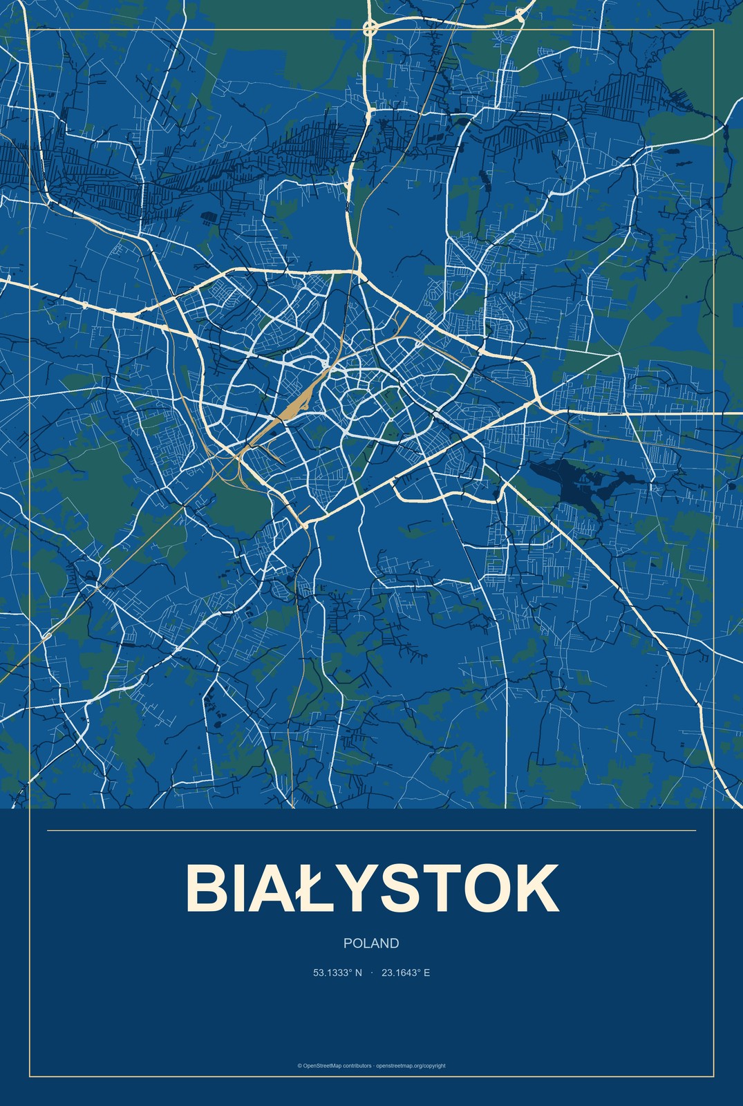 Białystok, Poland City Map Aluminum Sign in Harbor Cobalt style