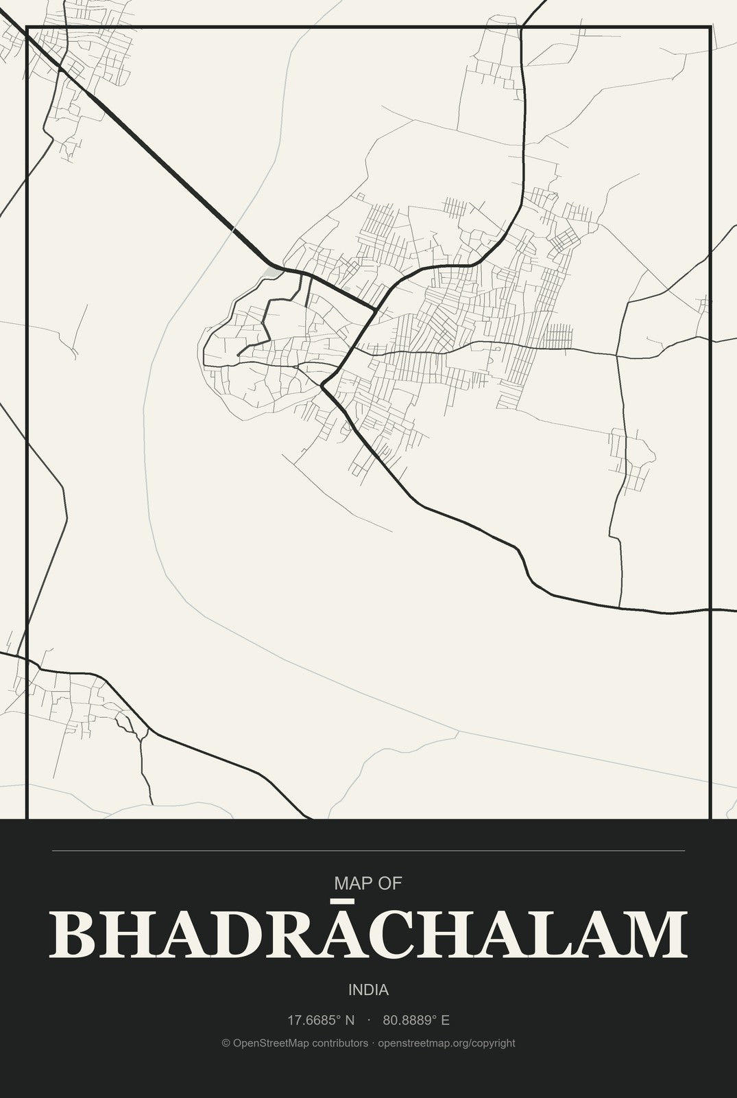 Bhadrāchalam, India City Map Aluminum Sign in Museum Plaque style