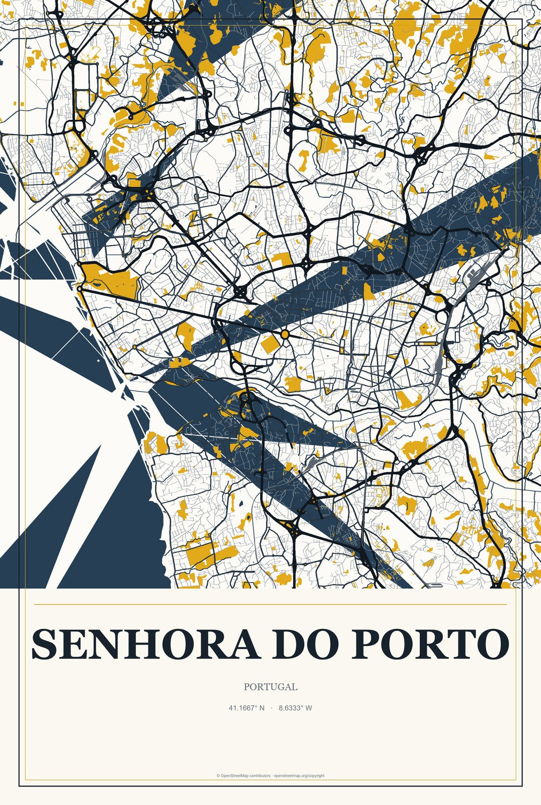 Senhora do Porto, Portugal City Map Aluminum Sign in Citrine Modern style