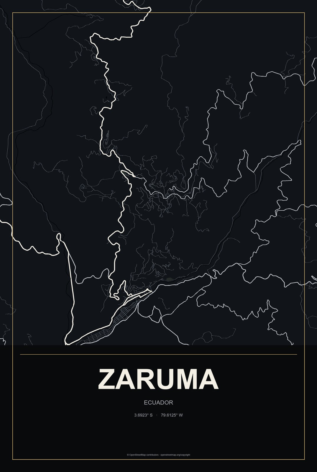 Zaruma, Ecuador City Map Aluminum Sign in Metropolitan Noir style