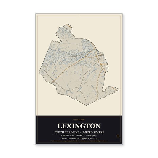 Lexington County, South Carolina Map Aluminum Sign in Museum Plaque style