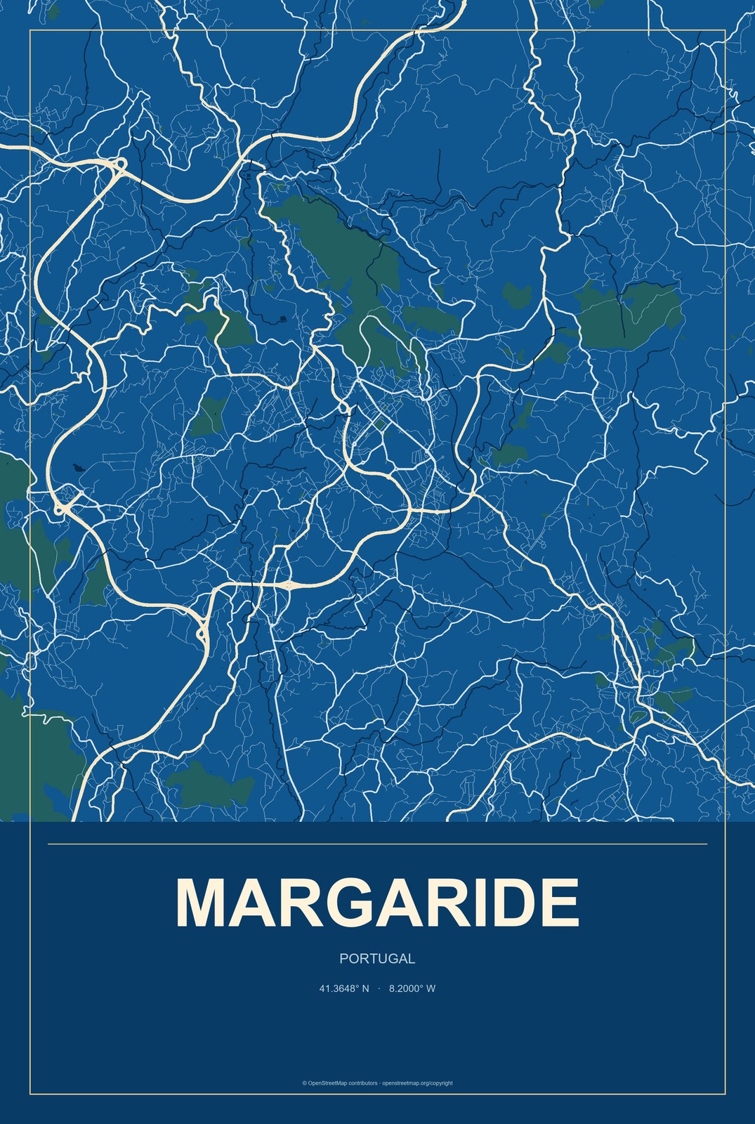 Margaride, Portugal City Map Aluminum Sign in Harbor Cobalt style