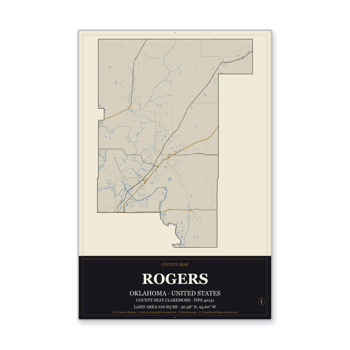 Rogers County, Oklahoma Map Aluminum Sign in Museum Plaque style
