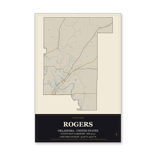 Rogers County, Oklahoma Map Aluminum Sign in Museum Plaque style