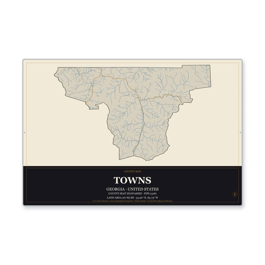 Towns County, Georgia Map Aluminum Sign in Museum Plaque style