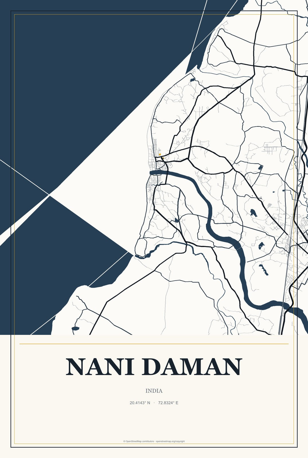 Nani Daman, India City Map Aluminum Sign in Citrine Modern style