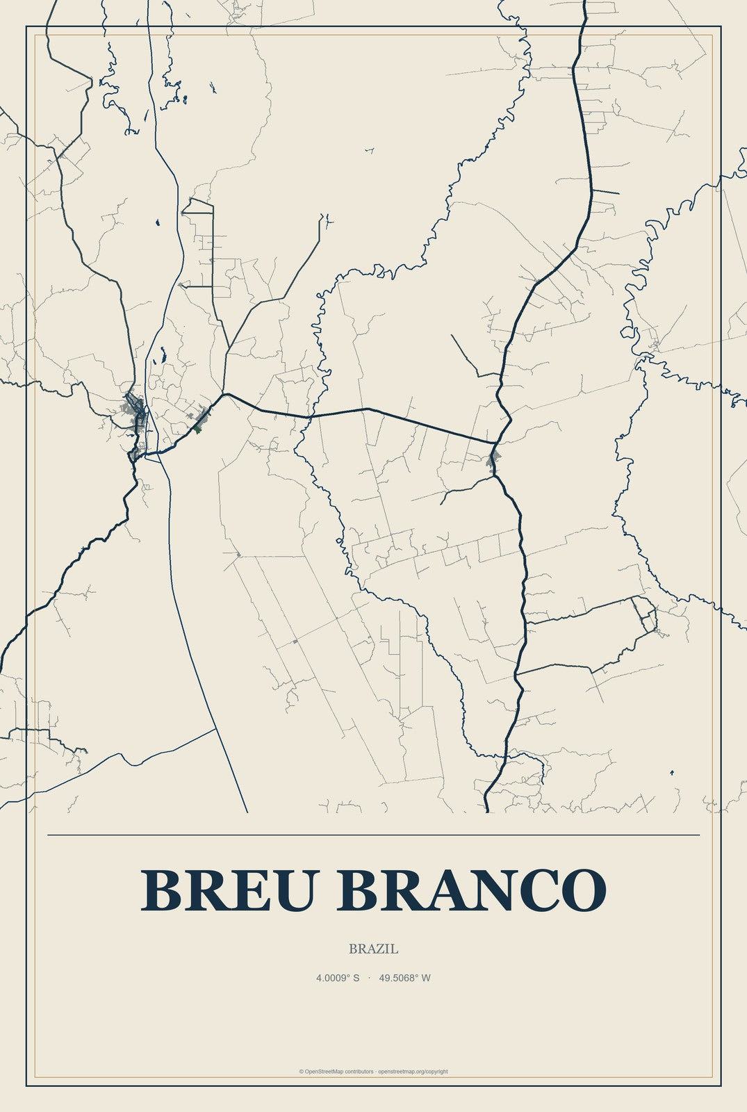 Breu Branco, Brazil City Map Aluminum Sign in Coastal Cutout style
