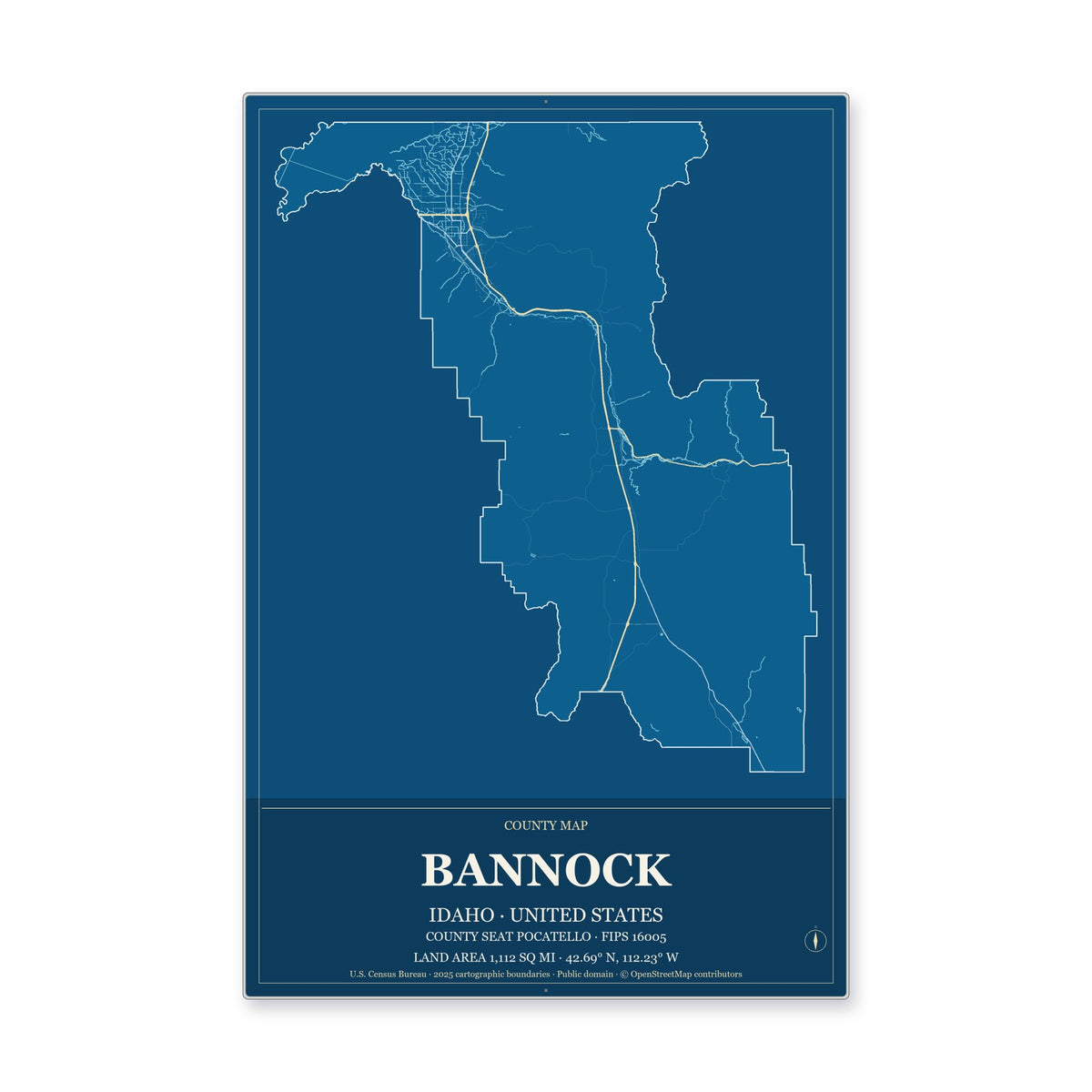 Bannock County, Idaho Map Aluminum Sign in Harbor Cobalt style