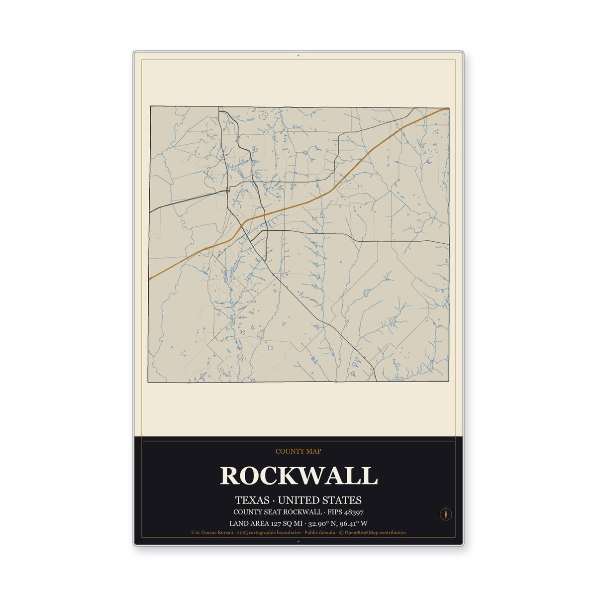 Rockwall County, Texas Map Aluminum Sign in Museum Plaque style