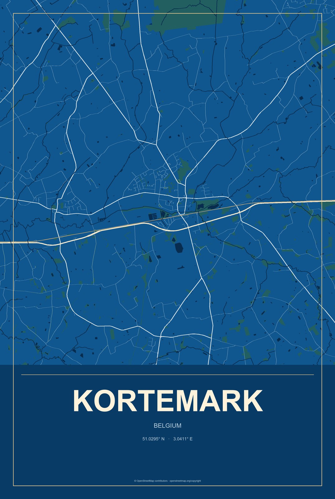 Kortemark, Belgium City Map Aluminum Sign in Harbor Cobalt style