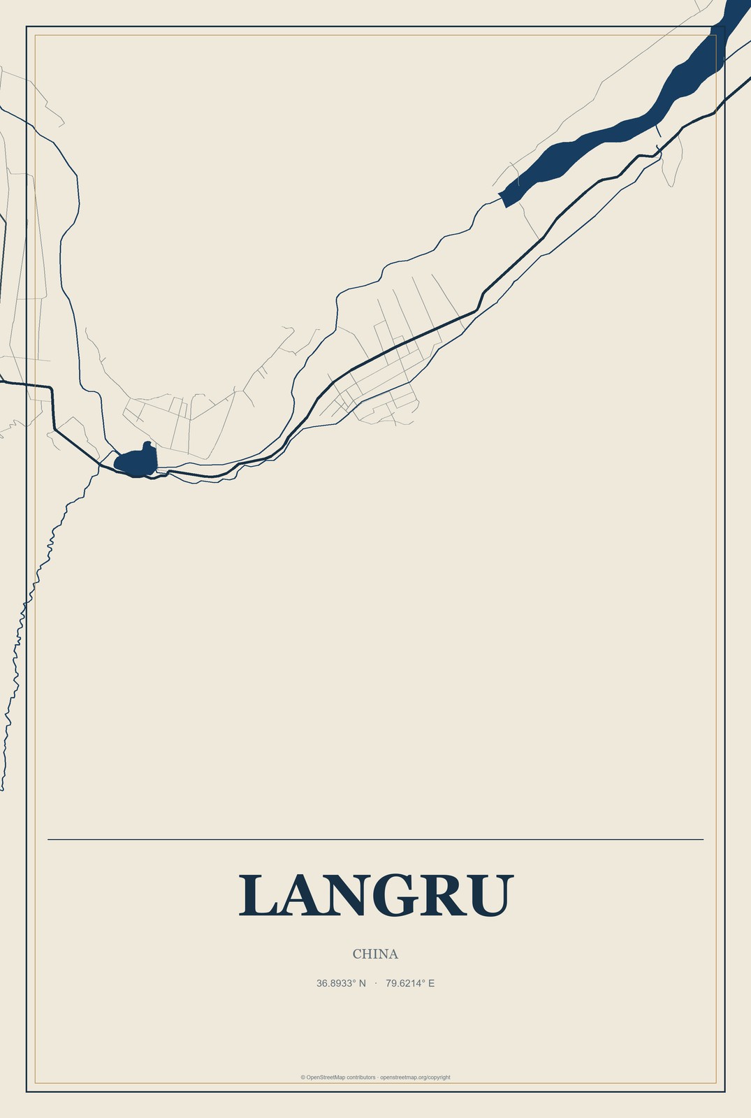 Langru, China City Map Aluminum Sign in Coastal Cutout style