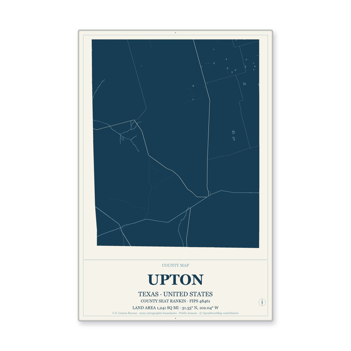 Upton County, Texas Map Aluminum Sign in Coastal Cutout style
