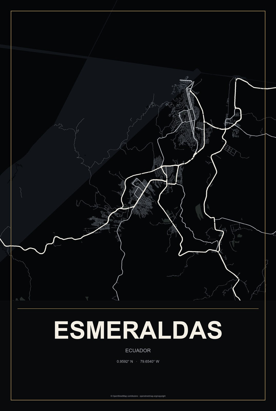 Esmeraldas, Ecuador City Map Aluminum Sign in Metropolitan Noir style