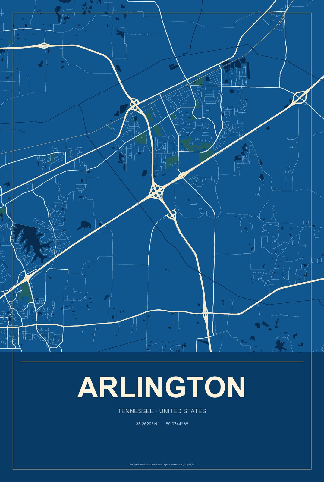 Arlington, Tennessee City Map Aluminum Sign in Harbor Cobalt style