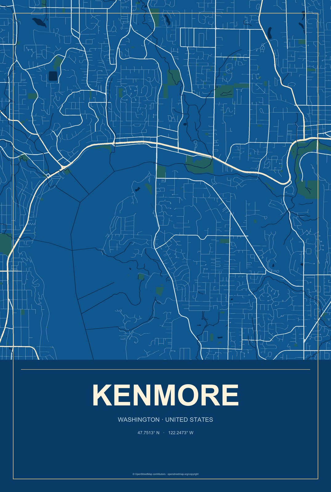 Kenmore, Washington City Map Aluminum Sign in Harbor Cobalt style