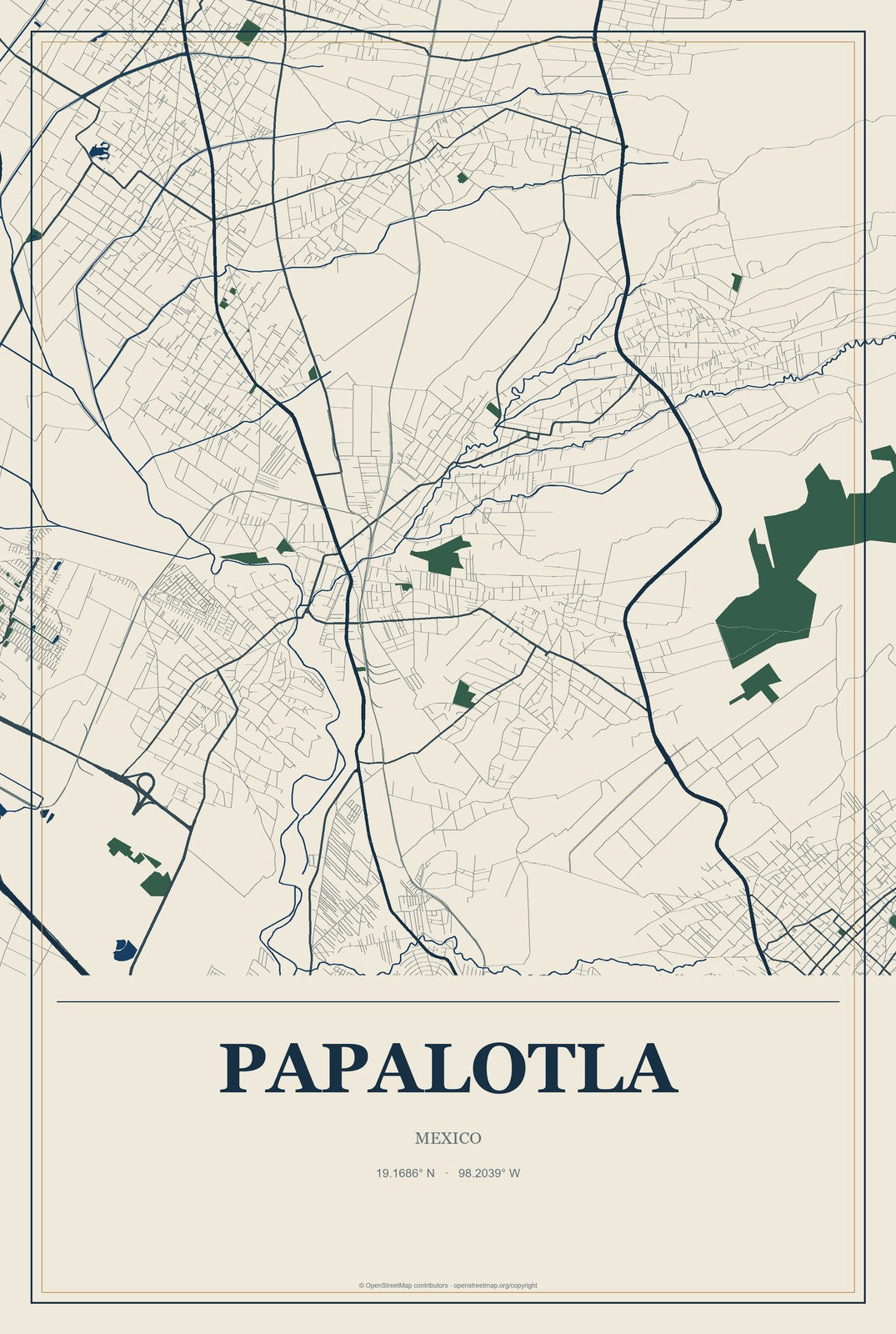 Papalotla, Mexico City Map Aluminum Sign in Coastal Cutout style