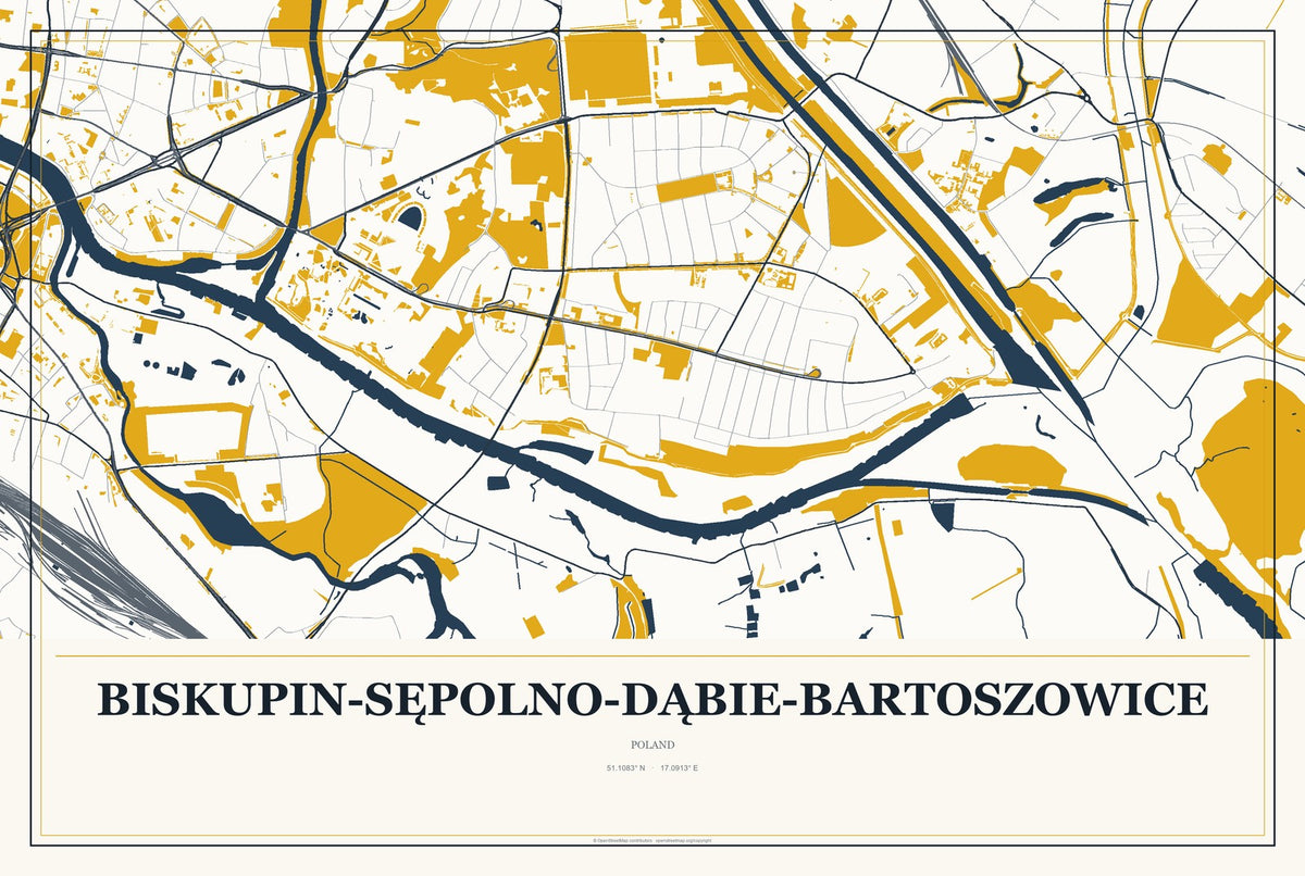 Biskupin-Sępolno-Dąbie-Bartoszowice, Poland City Map Aluminum Sign in Citrine Modern style