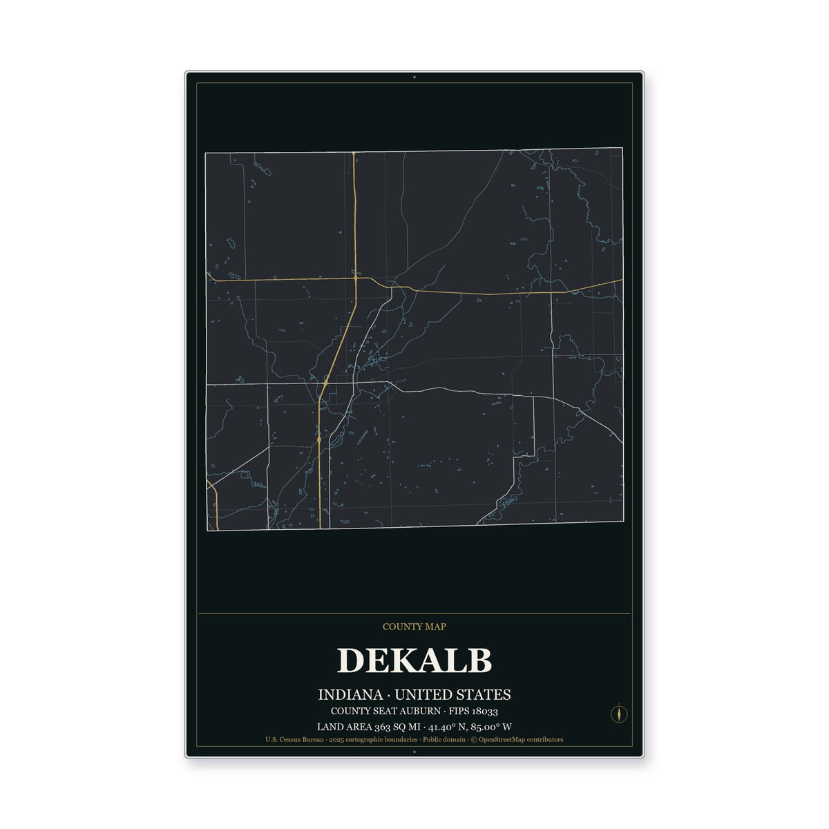 DeKalb County, Indiana Map Aluminum Sign in Metropolitan Noir style