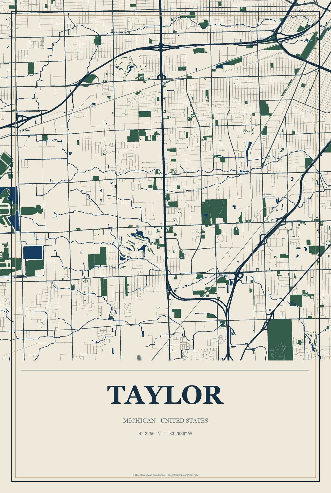 Taylor, Michigan City Map Aluminum Sign in Coastal Cutout style
