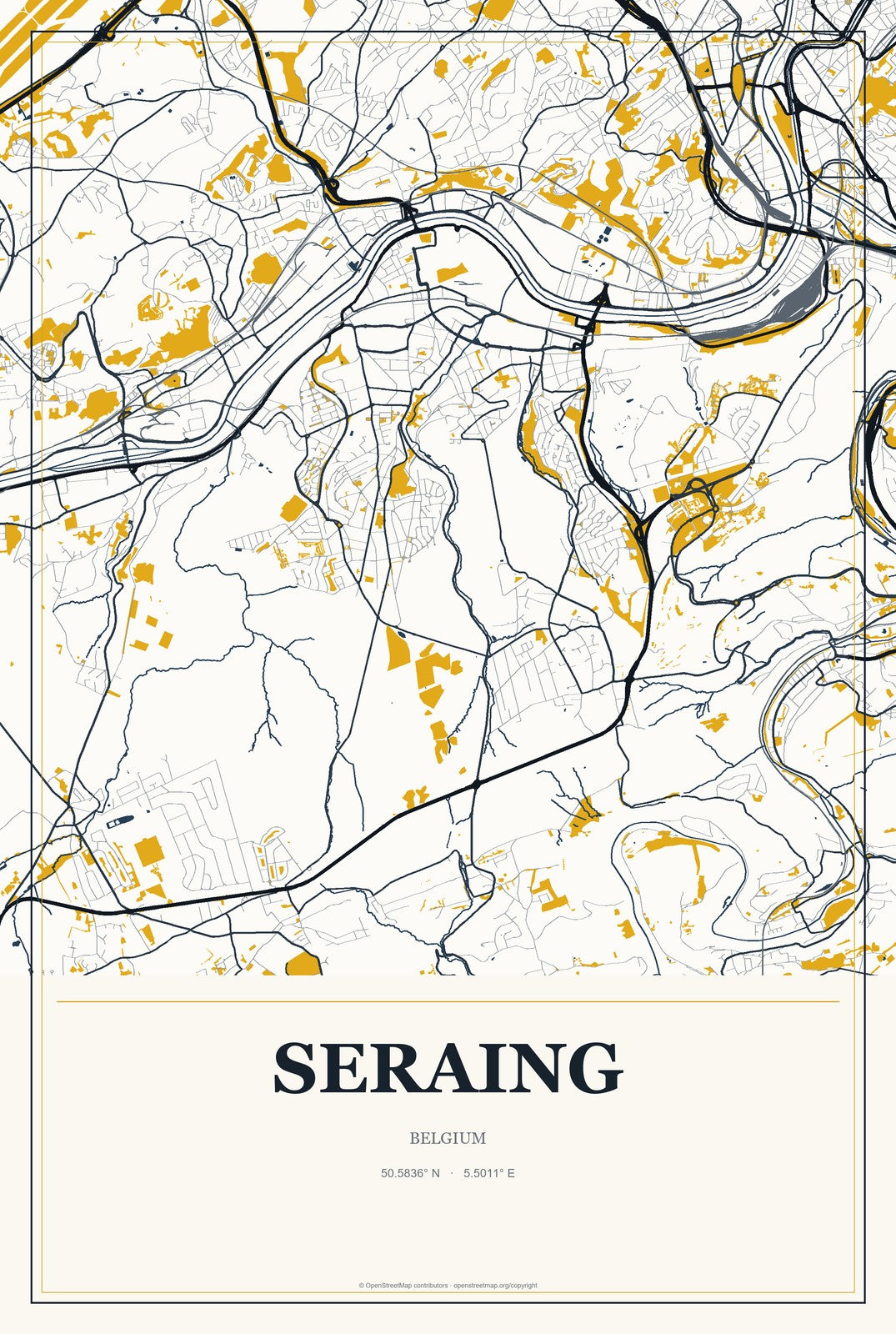 Seraing, Belgium City Map Aluminum Sign in Citrine Modern style