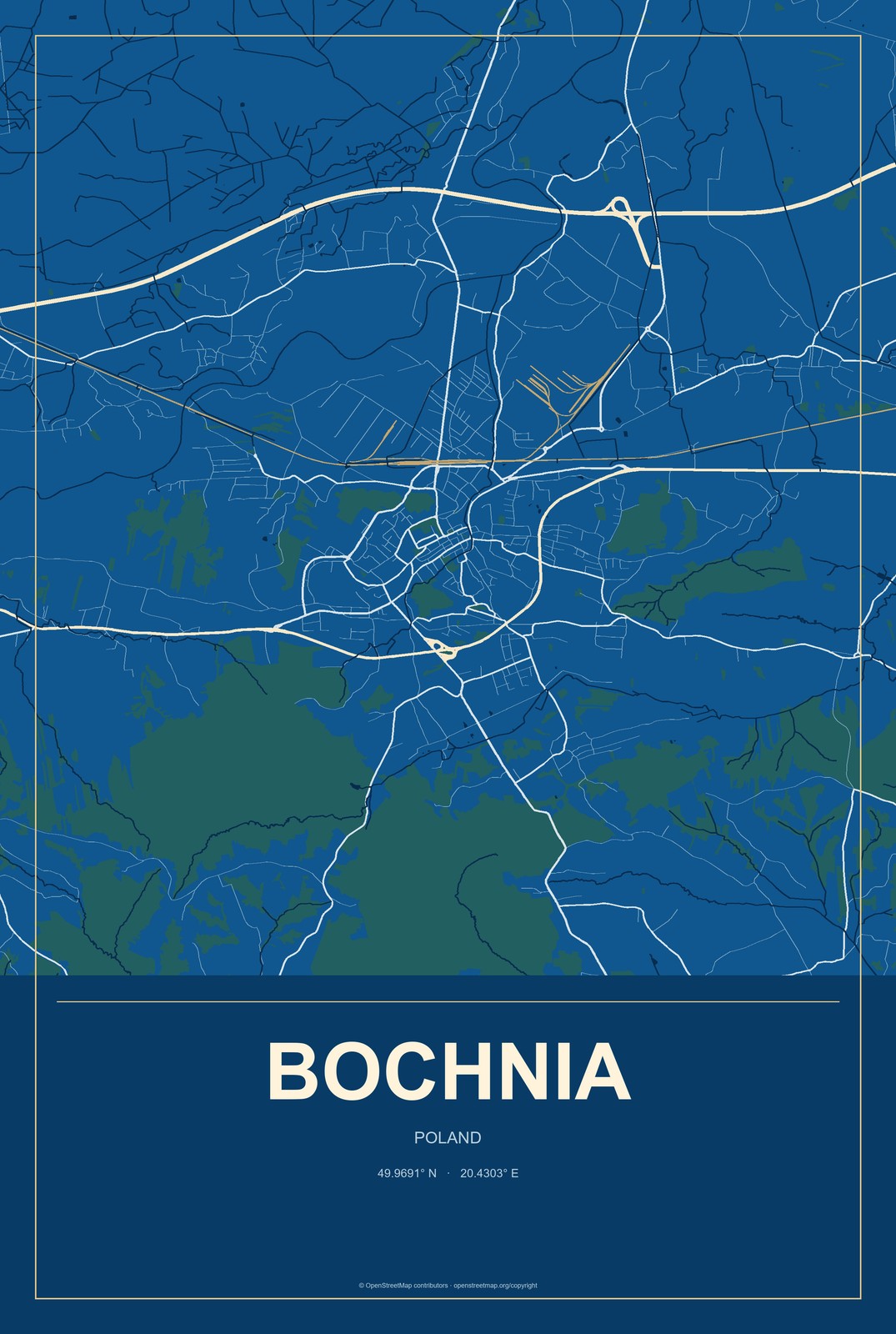 Bochnia, Poland City Map Aluminum Sign in Harbor Cobalt style