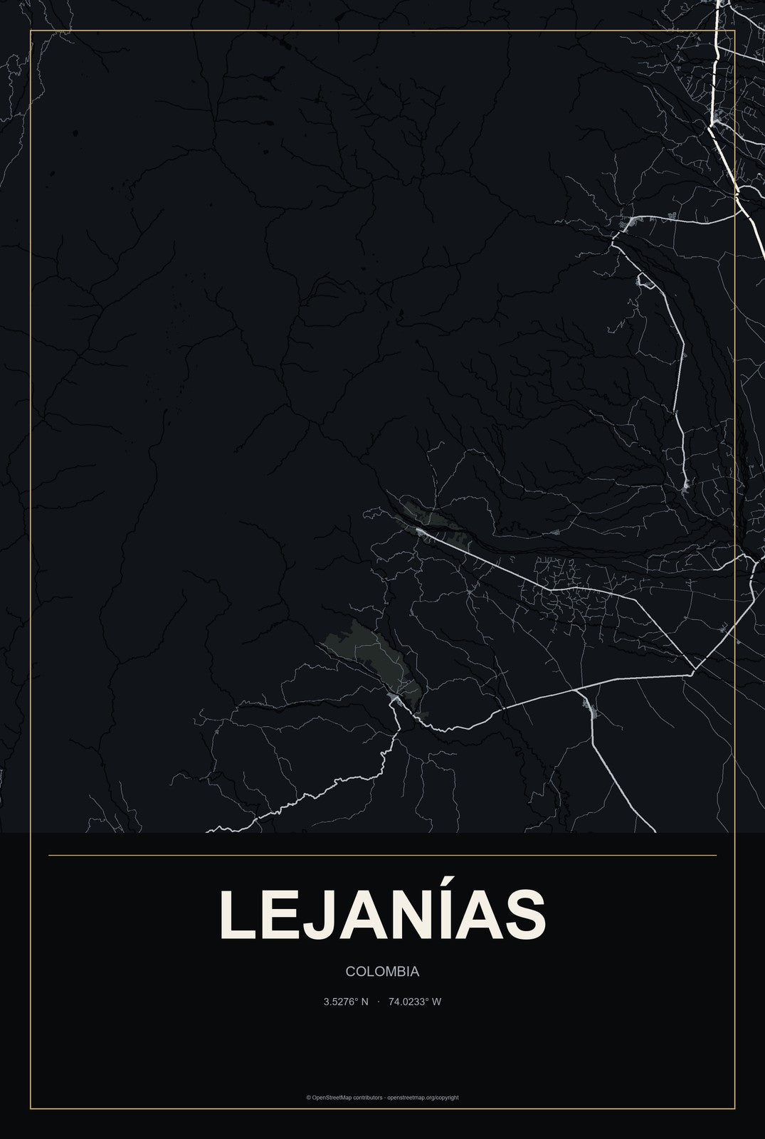 Lejanías, Colombia City Map Aluminum Sign in Metropolitan Noir style