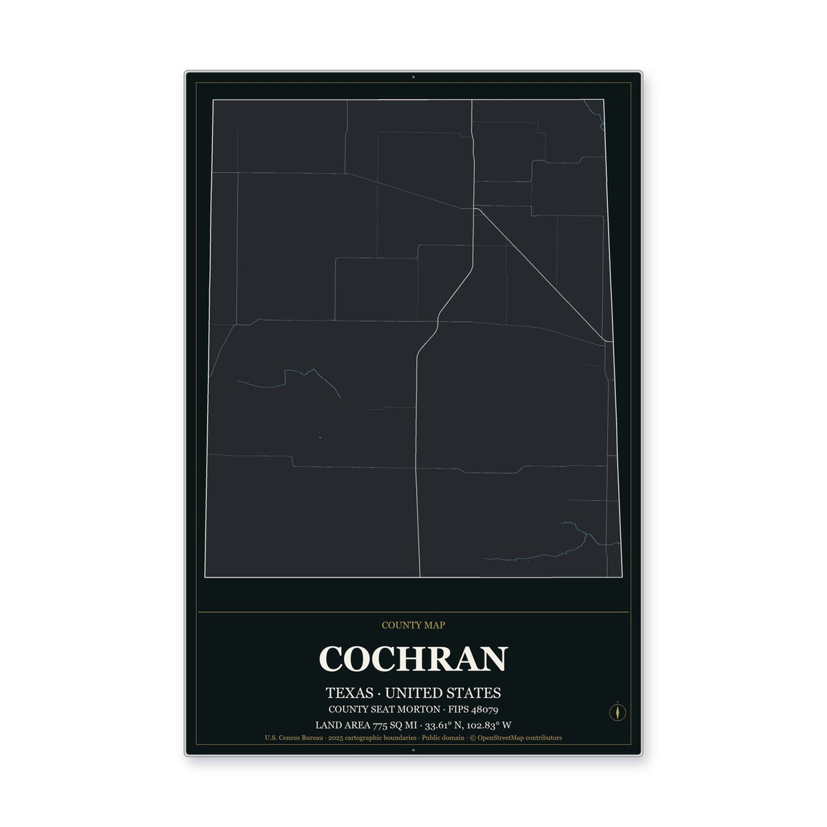 Cochran County, Texas Map Aluminum Sign in Metropolitan Noir style