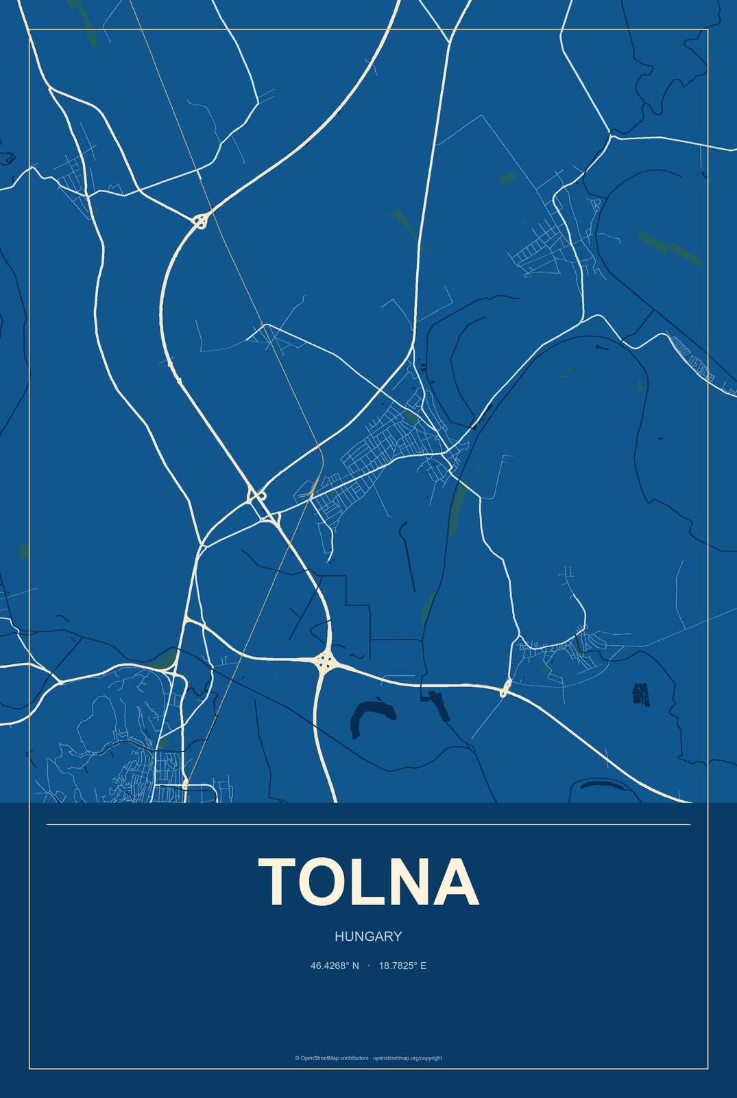 Tolna, Hungary City Map Aluminum Sign in Harbor Cobalt style