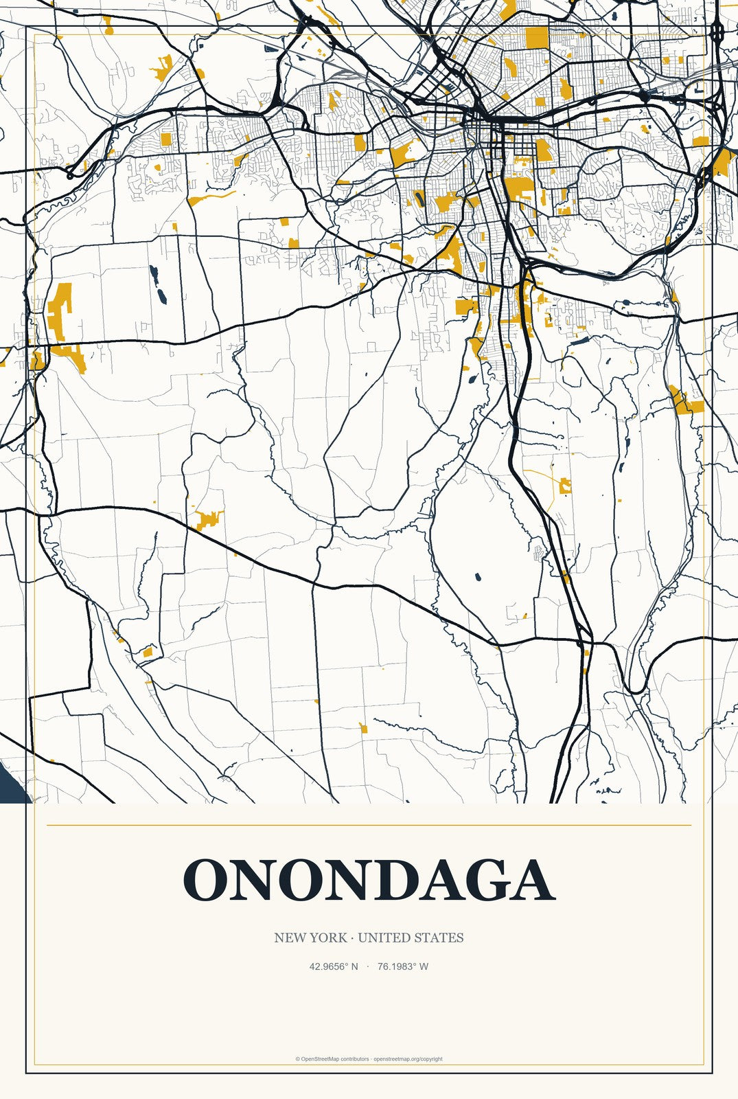 Onondaga, New York City Map Aluminum Sign in Citrine Modern style
