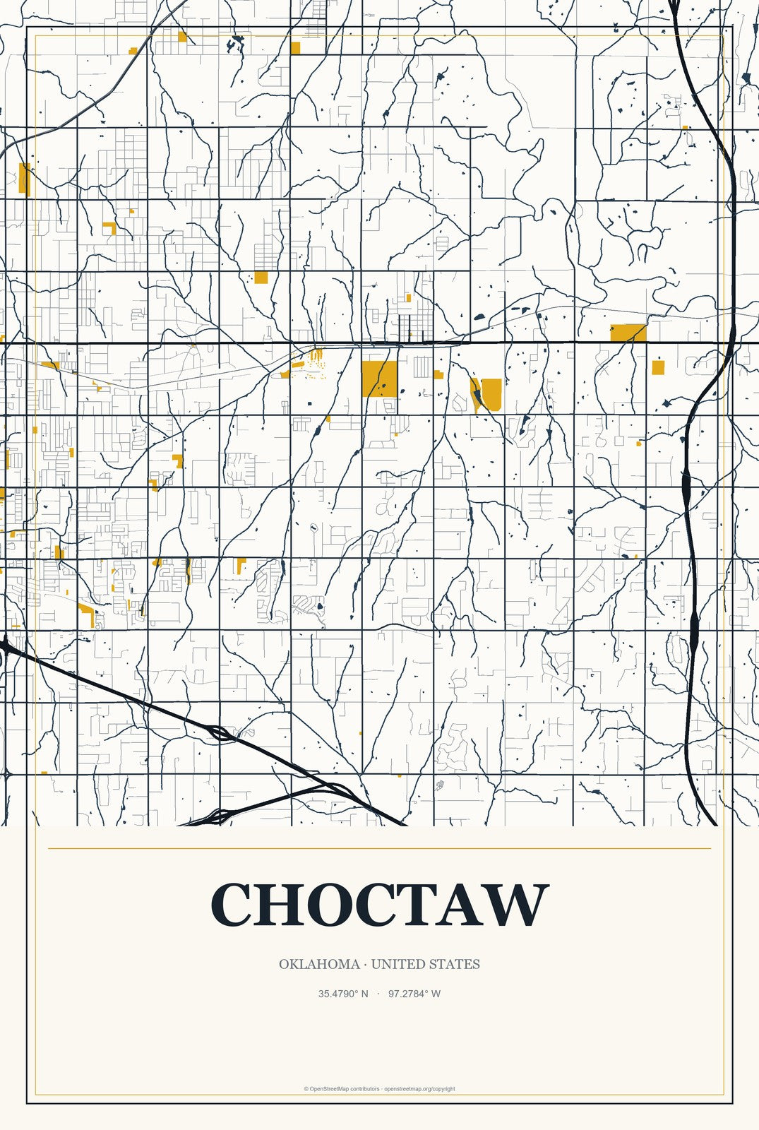 Choctaw, Oklahoma City Map Aluminum Sign in Citrine Modern style