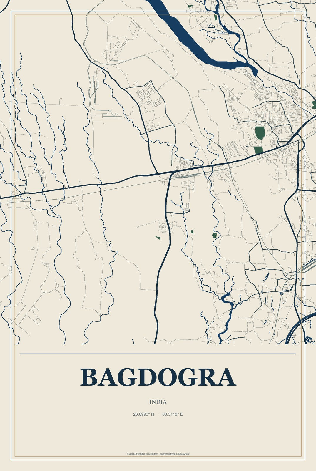 Bagdogra, India City Map Aluminum Sign in Coastal Cutout style