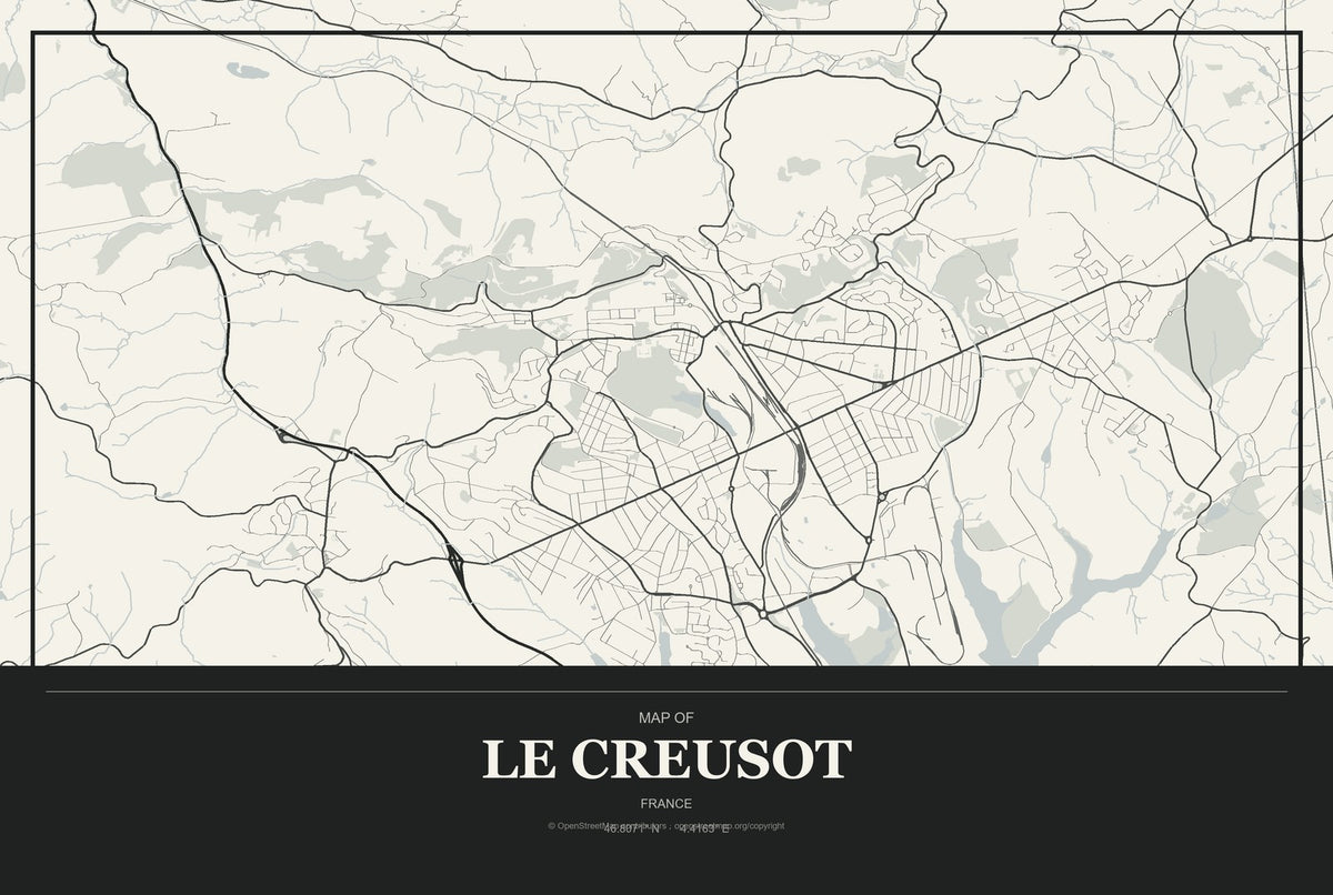 Le Creusot, France City Map Aluminum Sign in Museum Plaque style