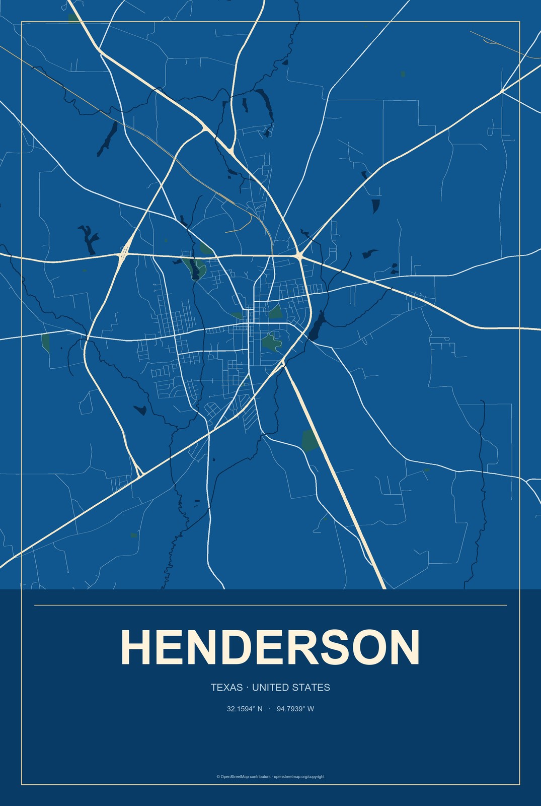 Henderson, Texas City Map Aluminum Sign in Harbor Cobalt style