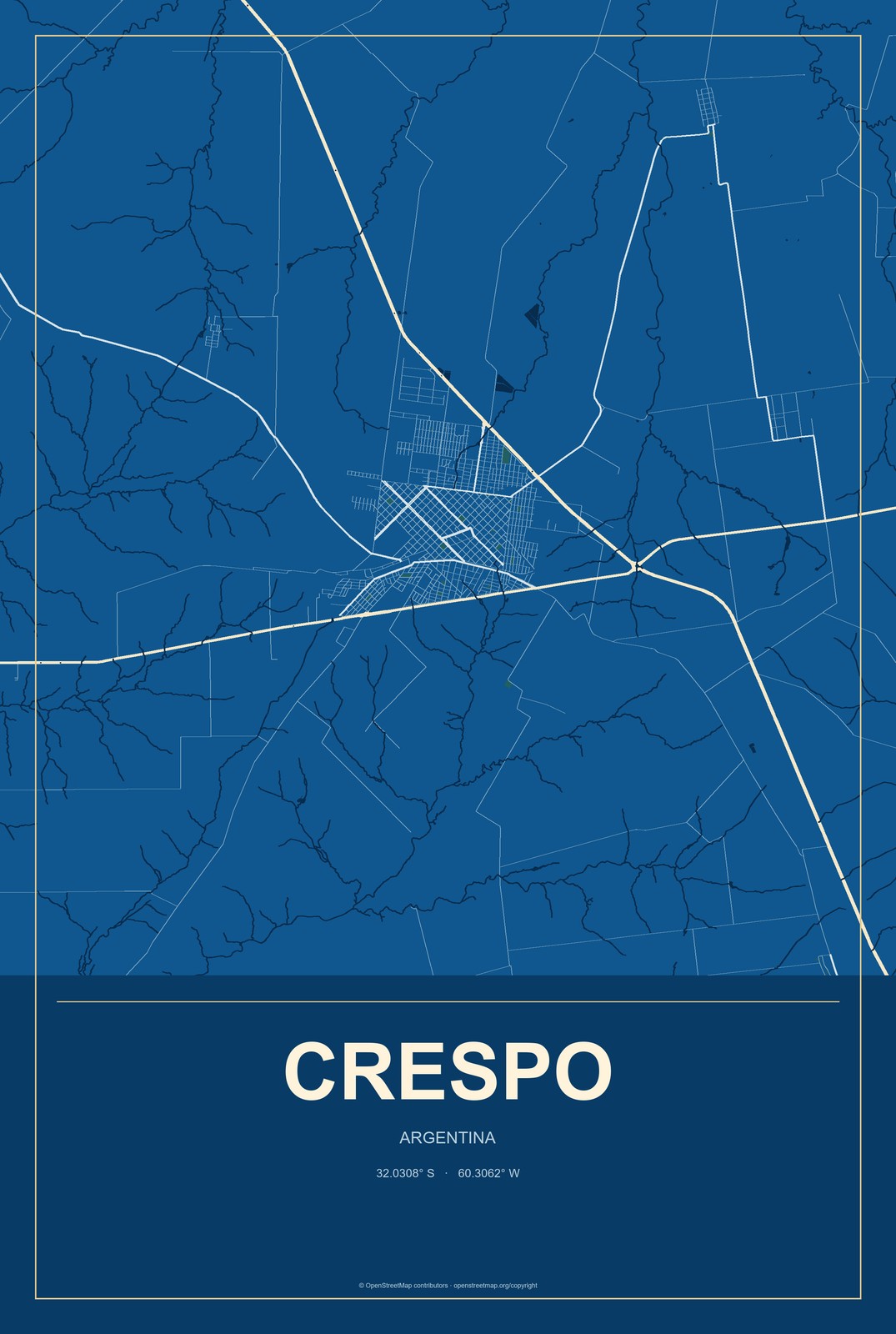 Crespo, Argentina City Map Aluminum Sign in Harbor Cobalt style