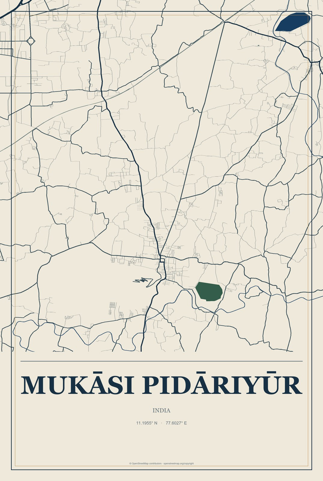 Mukāsi Pidāriyūr, India City Map Aluminum Sign in Coastal Cutout style